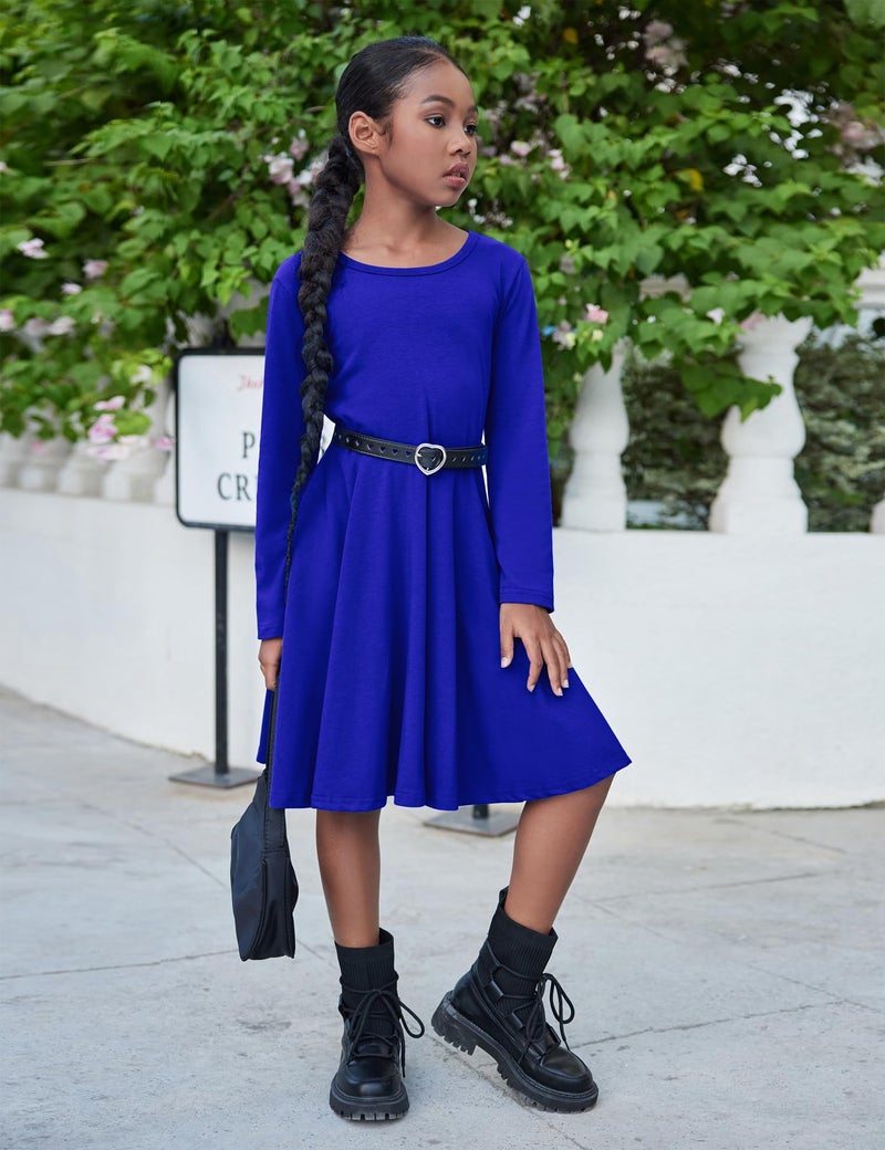 Arshiner Girls Long Sleeve Stretchy Dress A line Twirly Skater School Party Dress Royal Blue Tween 12 Years - Image 4